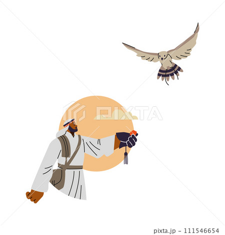 Falconry festival illustration. A man names a bird under the sun. 111546654