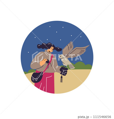 Woman with hawking glove holding falcon on nature landscape, falcon training with equipment, Falconry vector in round 111546656