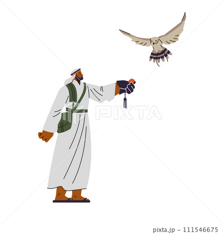 Vector Illustration of falconer man in robe releases falcon into flight Vector Illustration of falconer man in robe releases falcon into flight 111546675