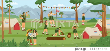 Scout children camping in the forest near the mountains, make a campfire near the tent, vector summer activities Scout children camping in the forest near the mountains, make a campfire near the tent, vector summer activities 111546726