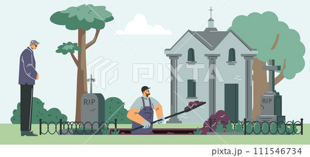 A worker digs with shovel hole for grave on cemetery, burial service agency, funeral ceremony vector gravestone burial 111546734