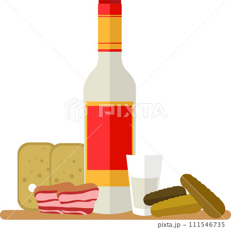 Vodka beverage and traditional food snack vector icon isolated on white 111546735