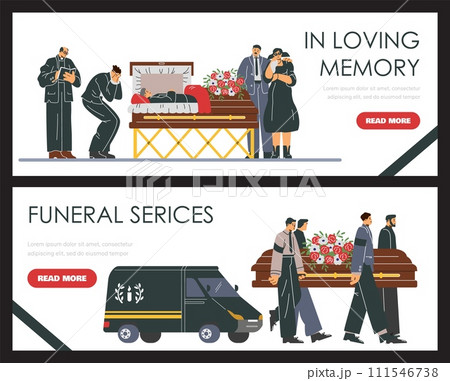 Funeral memorial services banner or flyer templates, flat vector illustration. Funeral memorial services banner or flyer templates, flat vector illustration. 111546738