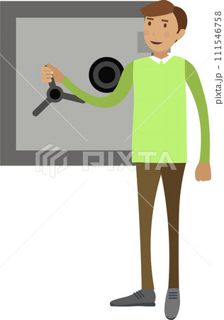 Bank worker opening safe vector icon isolated on white Bank worker opening safe vector icon isolated on white 111546758