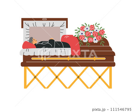 Dead man in coffin flat vector funeral, mourning tradition, burial ceremony of corpse human, ritual service with flowers Dead man in coffin flat vector funeral, mourning tradition, burial ceremony of corpse human, ritual service with flowers 111546795