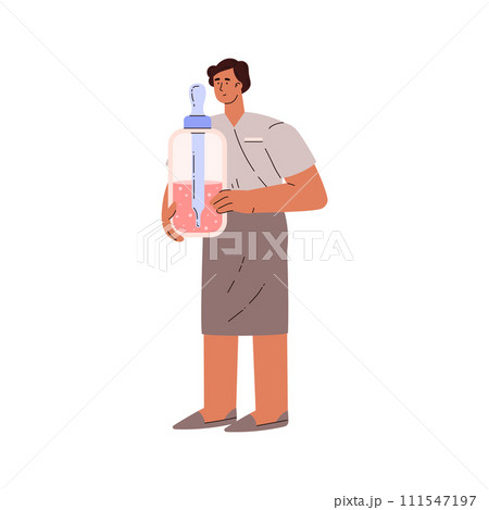 Manicurist or nail artist with huge nail cosmetic or cuticle remover bottle, holding medicine jar with pipette vector 111547197