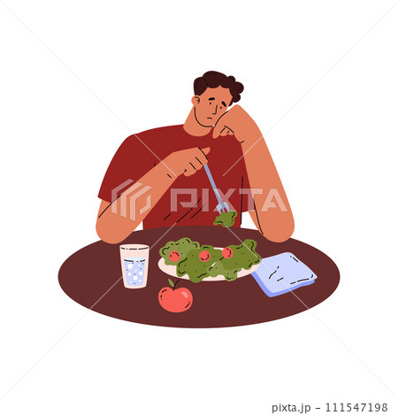 Sad man eating salad with tomatoes, water and apple flat style 111547198