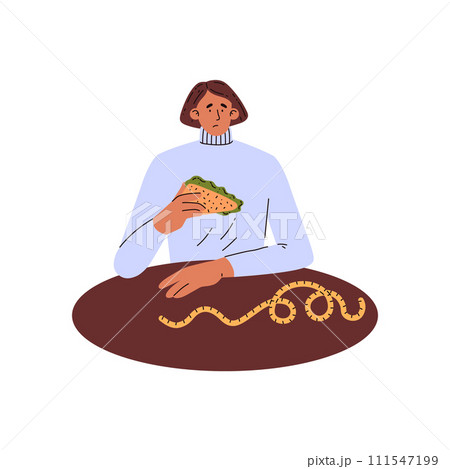 Sad woman eating sandwich and watching for centimeter tape on table 111547199