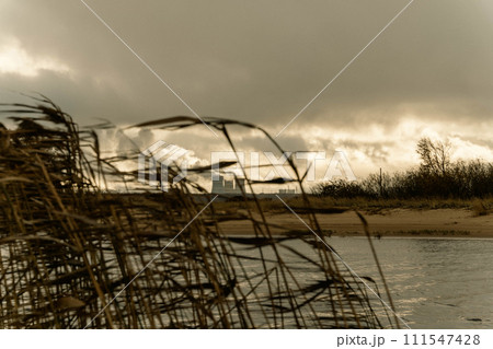 spectacular sky over the bay and cooling towers of the nuclear power plant  111547428