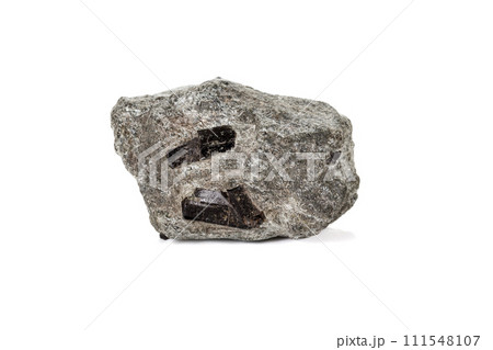 macro mineral stone schorl, black tourmaline on white background 111548107
