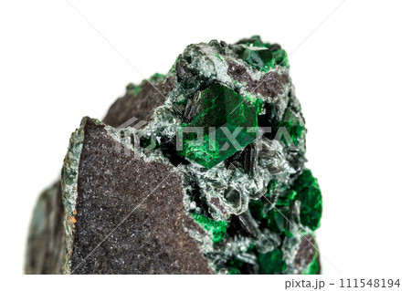 Macro stone garnet mineral, Uvarovite in rock on a white background Macro stone garnet mineral, Uvarovite in rock on a white background 111548194