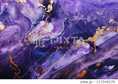 Liquid and fluid texture of marble. Full framed purple wavy background with golden spangles and stains. Abstract backdrop with swirls, AI generative image. Liquid and fluid texture of marble. Full framed purple wavy background with golden spangles and stains. Abstract backdrop with swirls, AI generative image. 111548276