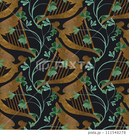 Seamless pattern with symbols of Ireland. Wrapping paper for St. Patrick's Day. Watercolor in vintage style on a black background. Seamless pattern with symbols of Ireland. Wrapping paper for St. Patrick's Day. Watercolor in vintage style on a black background. 111548278