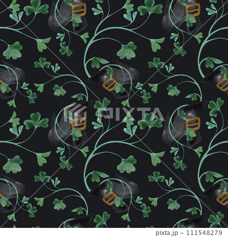 Seamless pattern with symbols of Ireland. Wrapping paper for St. Patrick's Day. Watercolor in vintage style on a black background. 111548279