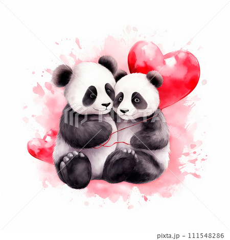 Couple of panda bears with red heart airのイラスト素材