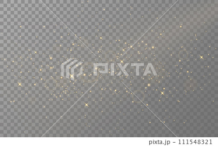 Gold glitter. Christmas shining dust. Magic golden sparks and light. Bright stars with particles. Shiny firework with bokeh effect. Stardust decoration. Vector illustration 111548321