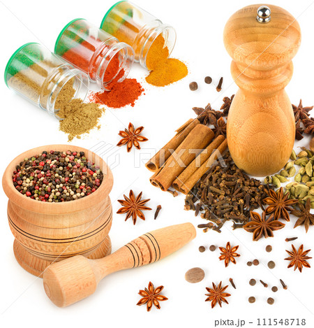 Set of spices, mortar with pestle and grinder isolated on white. Collage. Set of spices, mortar with pestle and grinder isolated on white. Collage. 111548718
