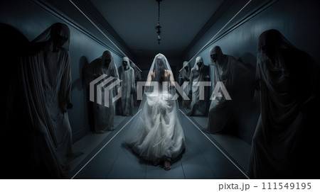 AI-generated content. Bride walking down aisle surrounded by eerie figures in dark hallway 111549195