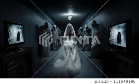 AI-generated content. Bride surrounded by ghostly figures in a creepy hallway with tvs 111549196
