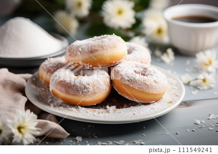 Freshly baked homemade donuts with powdered sugar on white plate, on the wooden table 111549241