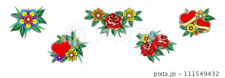 Old School Badges with Rose, Heart and Flower Vector Set 111549432
