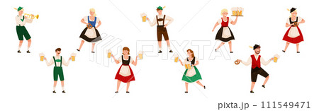 Oktoberfest with Man and Woman Character Celebrating Beer German Festival Vector Set 111549471