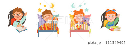 Cute Boy and Girl Daily Routine and Schedule Vector Set 111549495