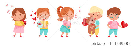 Cute Boy and Girl Feel Love at Valentine Day Vector Set 111549505