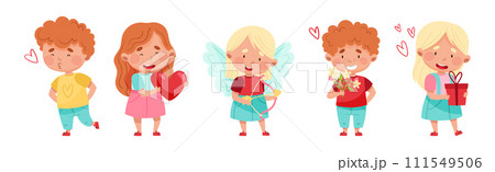 Cute Boy and Girl Feel Love at Valentine Day Vector Set 111549506