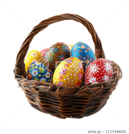 Basket with vivid Easter eggs close up isolated 111549608