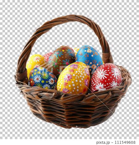 Basket with vivid Easter eggs close up isolated 111549608