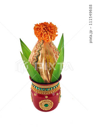 Traditional clay Kalash isolated on white. Hindu and Jain ritual element for puja. Traditional clay Kalash isolated on white. Hindu and Jain ritual element for puja. 111549688