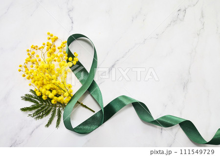 Greeting for International Women's Day on March 8th. Branches of mimosa. 111549729