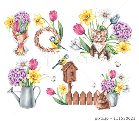Watercolor set of spring illustrations with birds, flowers, cat in vintage style Watercolor set of spring illustrations with birds, flowers, cat in vintage style 111550023