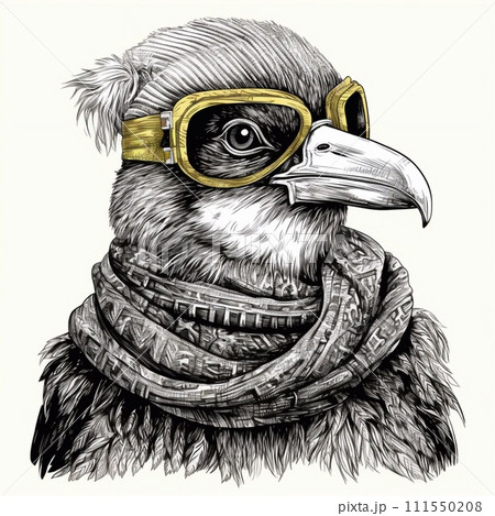 Vintage monochrome illustration of eagle wearing aviator helmet and scarf 111550208
