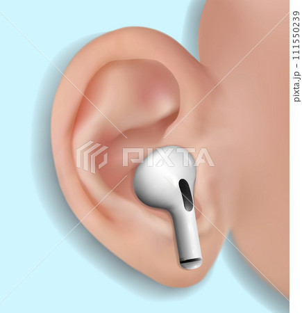 Part of the bold human head with ear with wireless headphone. Close up realistic 3d ear with 111550239