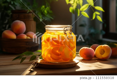 a peach jar with pieces and leaves on wooden...のイラスト素材 [111550310] - PIXTA