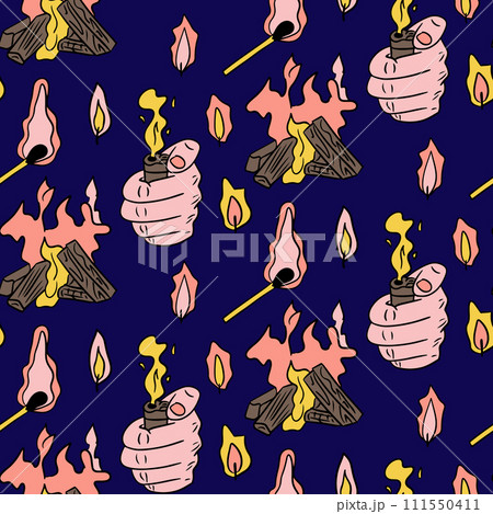 Seamless pattern with match, hand and campfire. Camping lifestyle concept. Flat hand drawn elements and lights. Unique print design for textile, wallpaper, wrapping, background Seamless pattern with match, hand and campfire. Camping lifestyle concept. Flat hand drawn elements and lights. Unique print design for textile, wallpaper, wrapping, background 111550411
