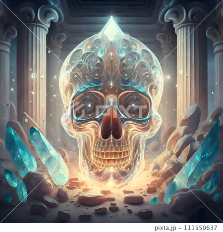 mystery crystal quartz skull of energy around golden lightning background in ancient temple. fantasy spiritual concept. Ai generated 111550637