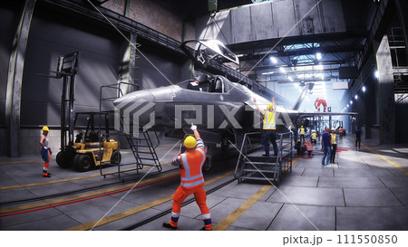 Production of military fighter jet f 35 at the factory. Military factory weapon. 3d rendering. 111550850