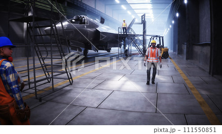 Production of military fighter jet f 35 at the factory. Military factory weapon. 3d rendering. 111550851