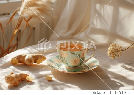 Ginger tea in ceramic cup with ginger root on sunny light background. Generative AI 111551019