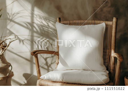 Rattan chair with white cushion in bohemian style living room. Generative AI Rattan chair with white cushion in bohemian style living room. Generative AI 111551022