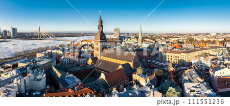 Beautiful aerial Riga view from above. Panoramic view of the Riga old town, the capital of Latvia. Beautiful aerial Riga view from above. Panoramic view of the Riga old town, the capital of Latvia. 111551236