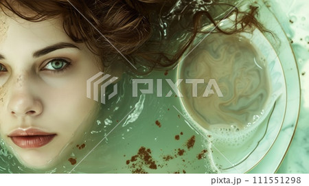 A woman's face peers through a liquid resembling coffee, creating an artistic and surreal image 111551298