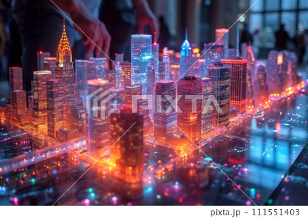 a hologram of the buildings of a large city on the table. The concept of a smart city a hologram of the buildings of a large city on the table. The concept of a smart city 111551403
