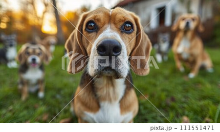 Portrait of a beagle dog in summer on a green lawn 111551471