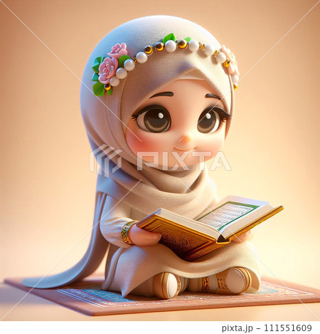 AI-generated content. 3D Animated Girl, Smiling, Reads Quran in Islamic Garb 111551609