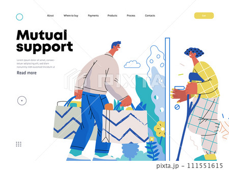 Mutual Support Buying groceries for ill neighbor -modern flat vector concept illustration of man carrying shopping bags for woman on crutches Metaphor of voluntary, collaborative exchanges of services 111551615