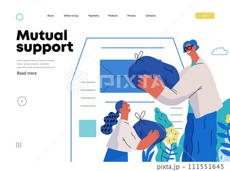 Mutual Support Giving clothes to donation bins -modern flat vector concept illustration of people placing bags of clothes into drop-off box A metaphor of voluntary, collaborative exchanges of resource 111551645